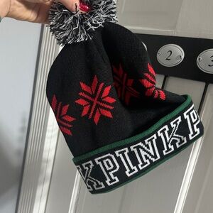 PINK Victoria's Secret Black and Red Snowflake Beanie